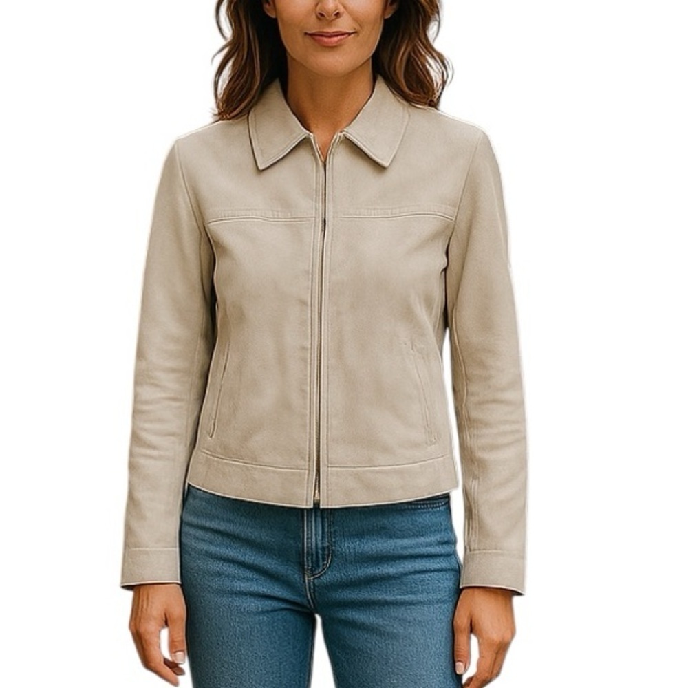 Ann Taylor Small Cream Beige Leather Jacket Coat Minimalist Classic